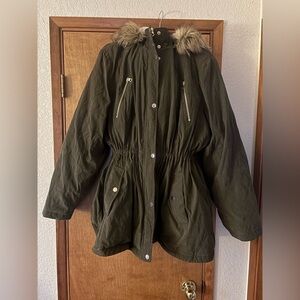 Liz Claiborne Plus Size Dark Green Utility Winter Jacket with Faux Fur Hood